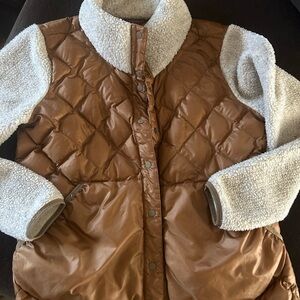 REI Cooperative Brown Quilted Vest with White Sherpa Large